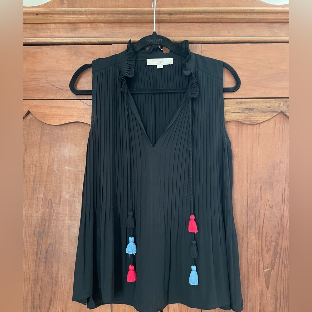 LOFT Black Pleated Blouse with Colorful Tassels